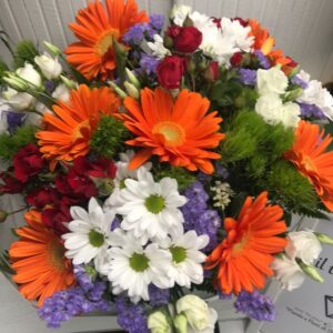 Bouquet arancio, lilla e bianco
