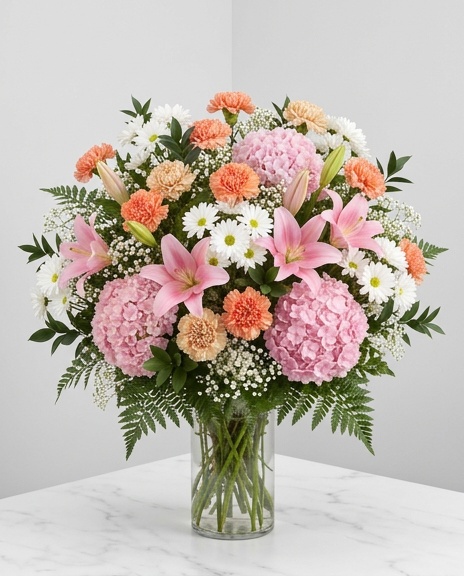Bouquet — Garofano arancio, Lilium rosa, Margherita bianca, Garofano pesca, Ortensia Rosa